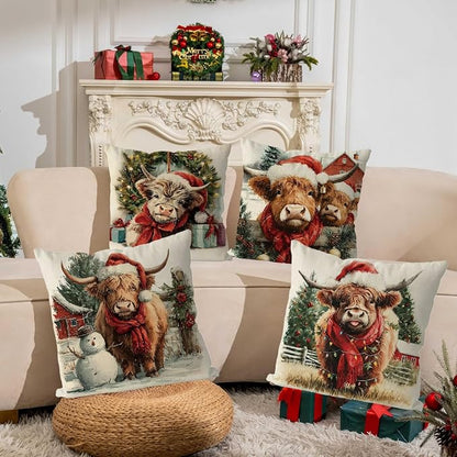 Christmas Pillow Covers Highland Cow Farmhouse Xmas Vintage Throw Pillows Covers