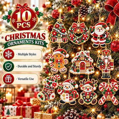 10Pcs DIY Pearl Diamond Art Christmas Ornaments Kit for Adults, Wooden Hanging