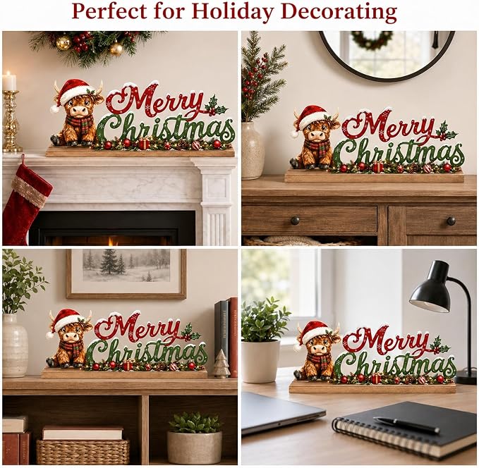 Highland Cow Christmas Decorations Indoor Wooden Table Sign