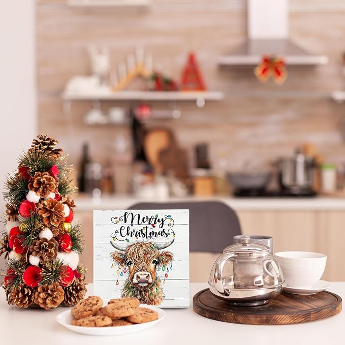 Highland Cow Christmas Wooden Box Sign - Western Decor, 5x5 Inch