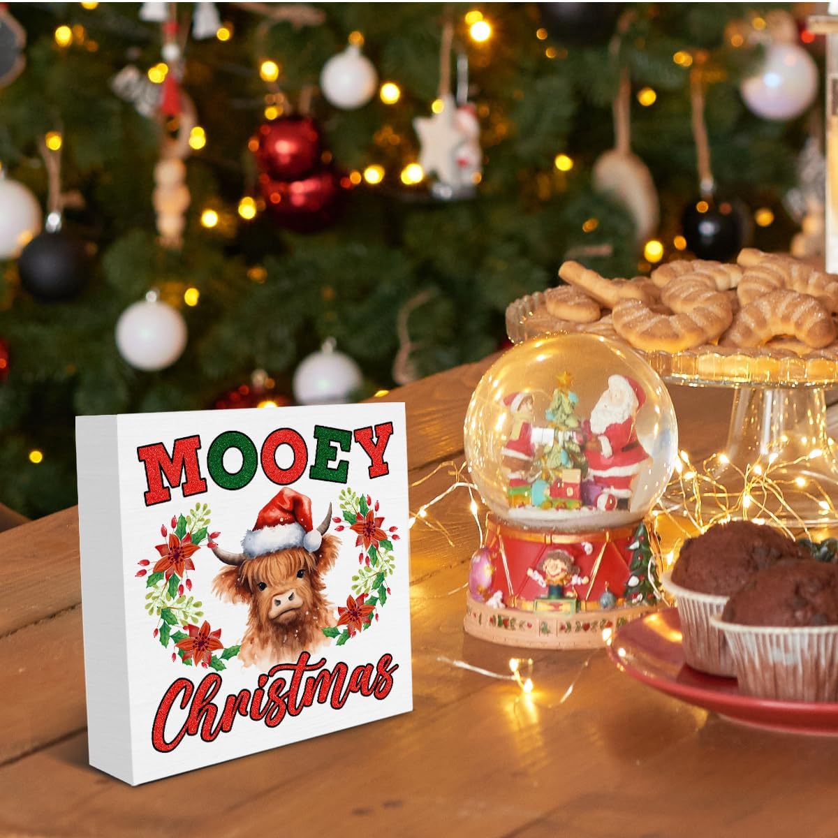 Christmas Highland Cow Decorations Mooey Christmas Wooden Box Sign for Winter