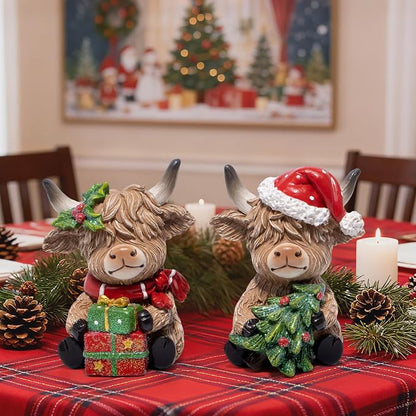 Hodao 2PCS Christmas Highland Cow Figurines, Xmas Holiday Mantel Decor