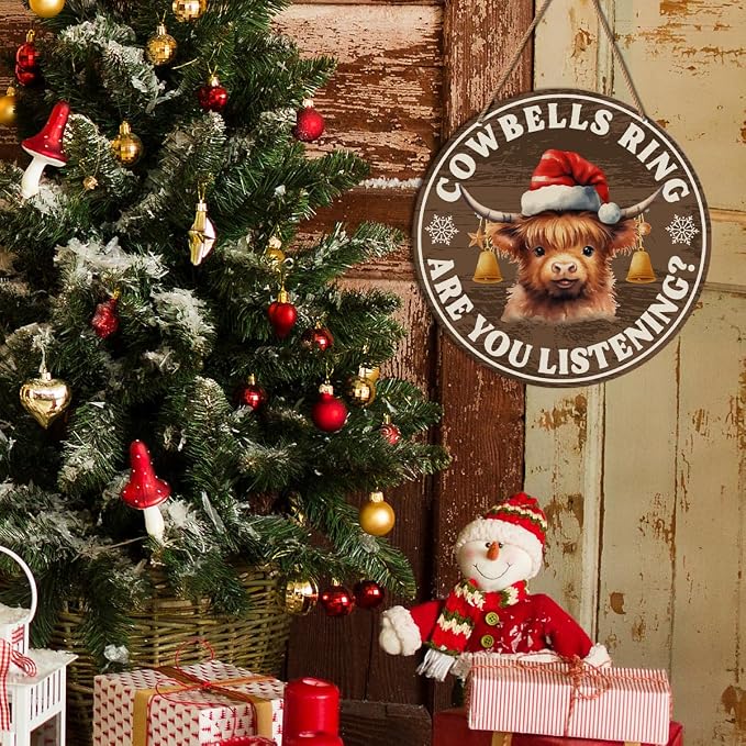 Christmas Sign for Front Door, Rustic Highland Cow Hanging Sign Wall Decor