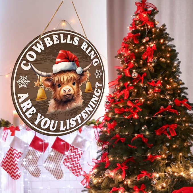 Christmas Sign for Front Door, Rustic Highland Cow Hanging Sign Wall Decor