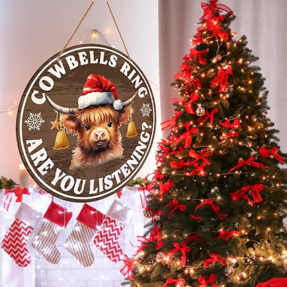 Christmas Sign for Front Door, Rustic Highland Cow Hanging Sign Wall Decor