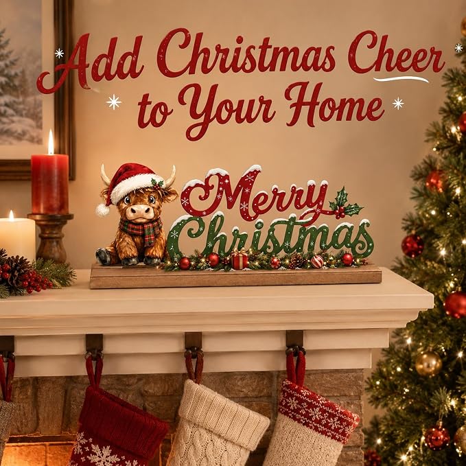 Highland Cow Christmas Decorations Indoor Wooden Table Sign