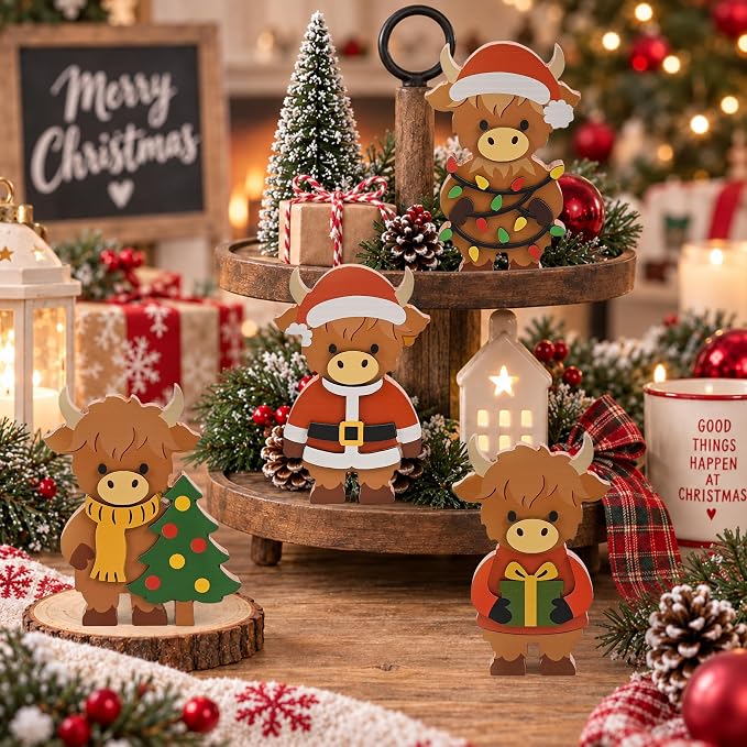 4 Pcs Christmas Highland Cow Figurines Decor, Christmas Cow Gifts