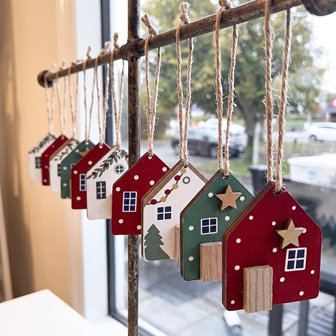 10 Pcs Christmas Wooden House Ornaments Rustic Farmhouse Wood Village Cabin
