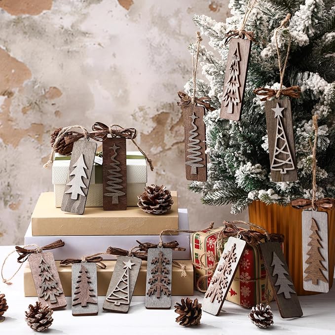 Geelin 12 Pcs Rustic Christmas Wooden Ornaments for Tree Gray Brown Vintage