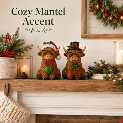 2Pcs Highland Cow Christmas Decor Figurines for Table, Shelf, Tray