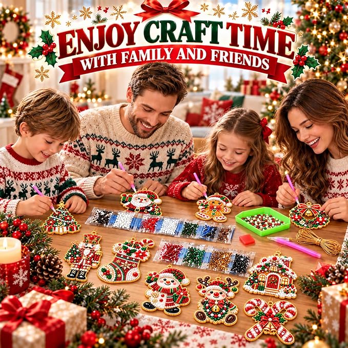 10Pcs DIY Pearl Diamond Art Christmas Ornaments Kit for Adults, Wooden Hanging