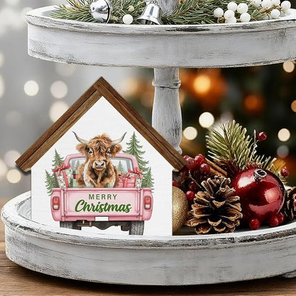 Pink Christmas Highland Cow Decor Merry Christmas Highland Cow House Shaped Wood