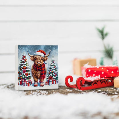 Christmas Highland Cow Wooden Sign - Western Highland Cow Wooden Box Sign, Christmas Highland Cow Sign Christmas Sign For Highland Cow Lover Gifts,5x5 Inch