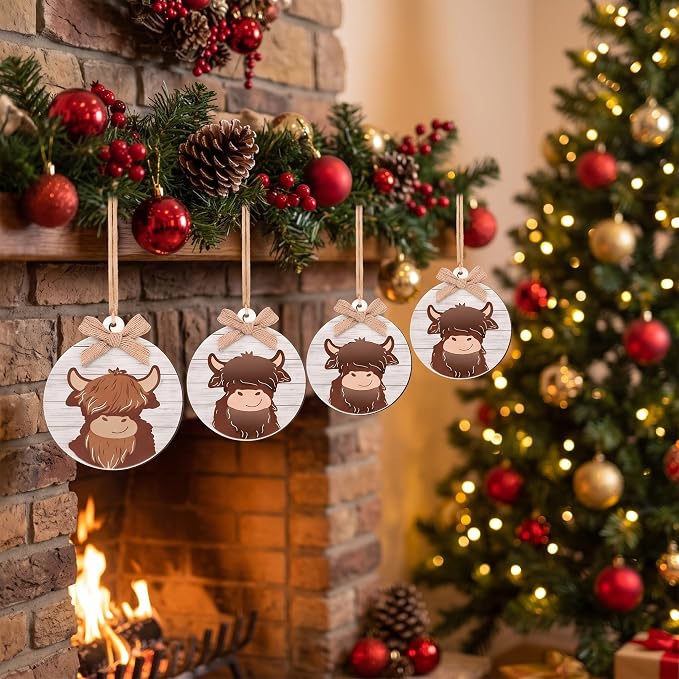 Geelin 12 Pcs Highland Cow Christmas Ornaments, 3D Wooden Tree Decorations