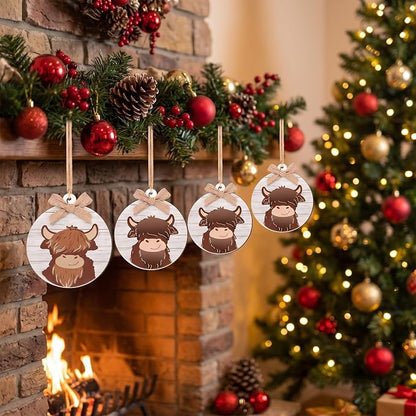 Geelin 12 Pcs Highland Cow Christmas Ornaments, 3D Wooden Tree Decorations