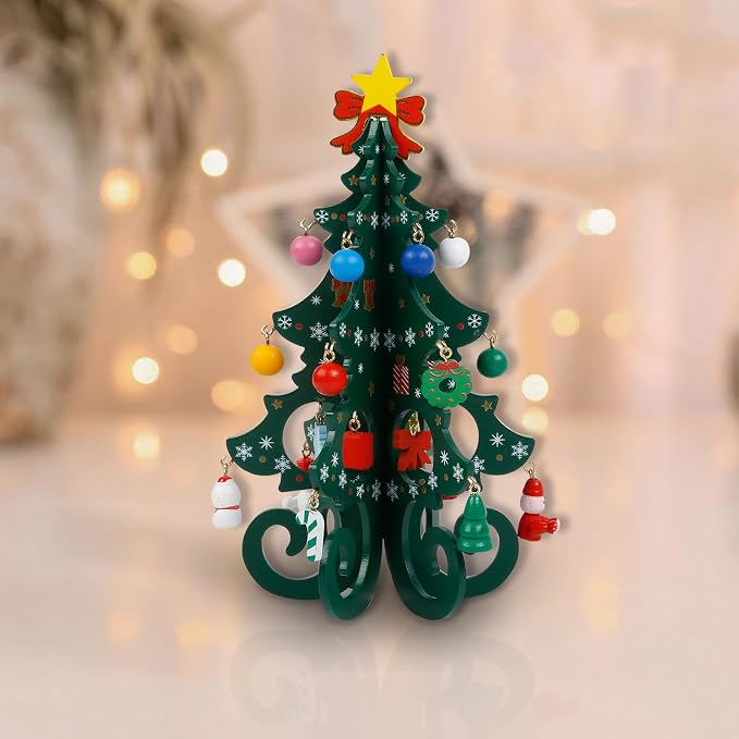 TEBIEKOY DIY Mini Wooden Christmas Tree with Ornaments Set, Cute 7 Inch Small