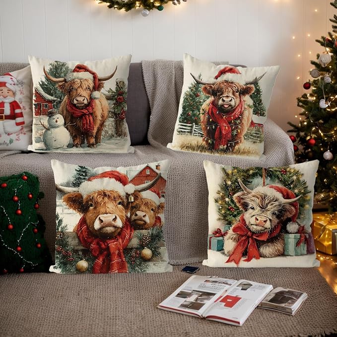 Christmas Pillow Covers Highland Cow Farmhouse Xmas Vintage Throw Pillows Covers