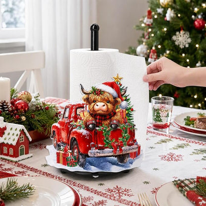 Christmas Highland Cow Paper Towel Holder, Farmhouse Xmas Kitchen Countertop
