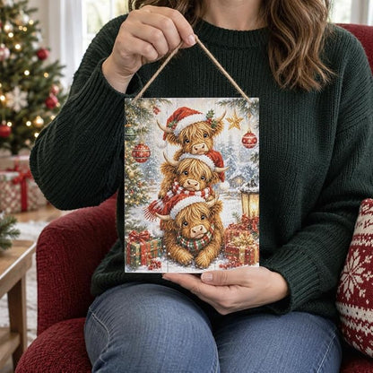 Christmas Highland Cow Sign, Cute Cattle Holiday Hanging Plaque Wall Decor