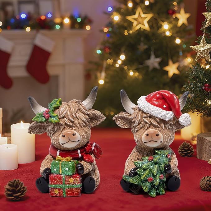 Hodao 2PCS Christmas Highland Cow Figurines, Xmas Holiday Mantel Decor