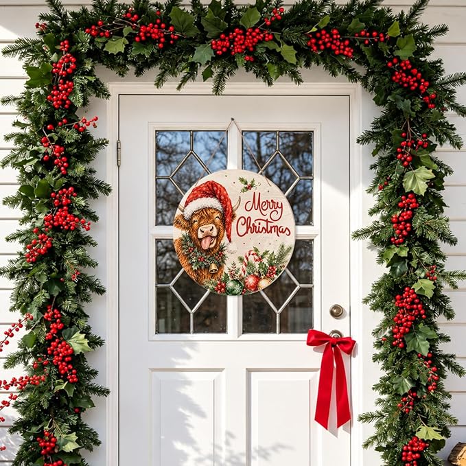 Highland Cow Christmas Decor Merry Christmas Door Sign Decor Xmas Wreath