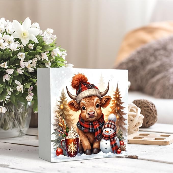 Christmas Highland Cow Wooden Box Sign Desk Decor, Highland Cow Christmas