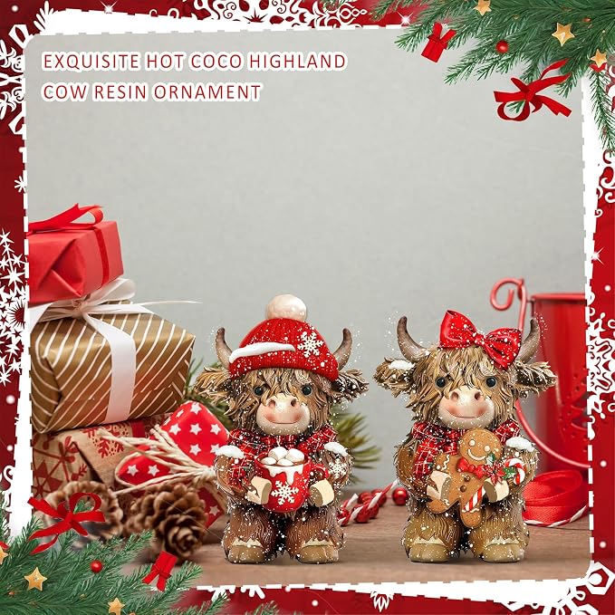 2 Pcs Christmas Highland Cow Figurines Decor, Christmas Cow Gifts
