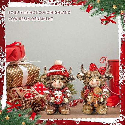 2 Pcs Christmas Highland Cow Figurines Decor, Christmas Cow Gifts