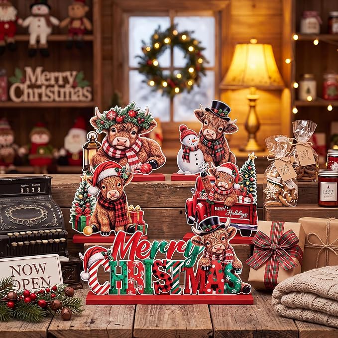 Sliner 5 Pcs Christmas Highland Cow Table Signs Wooden Tabletop Decor