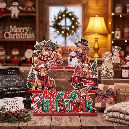 Sliner 5 Pcs Christmas Highland Cow Table Signs Wooden Tabletop Decor
