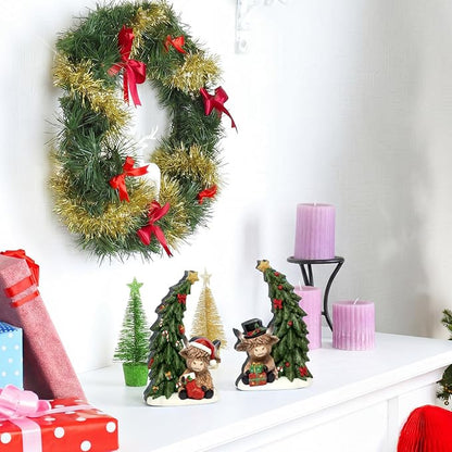 Yuntau 2 Pcs Christmas Highland Cow Figurines Decor with Christmas Tree