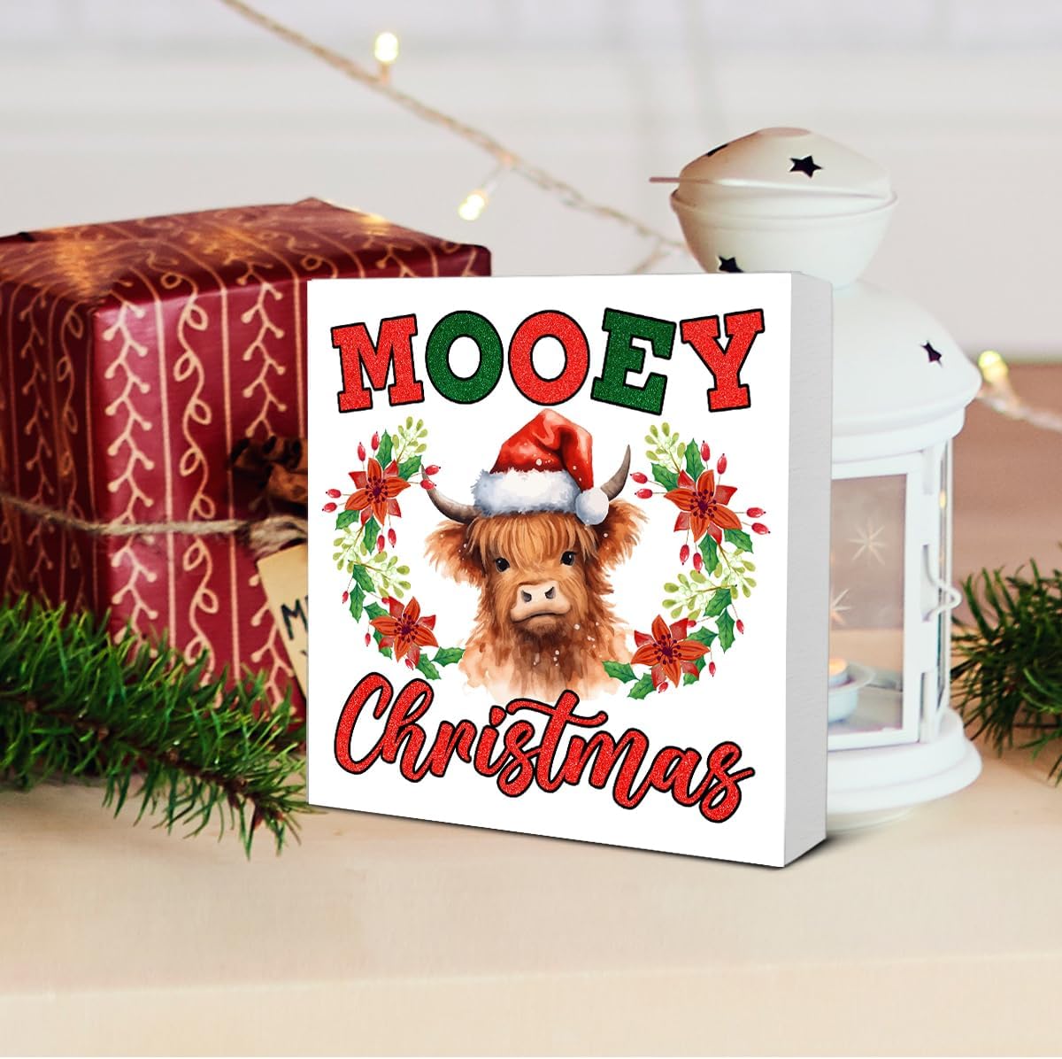 Christmas Highland Cow Decorations Mooey Christmas Wooden Box Sign for Winter