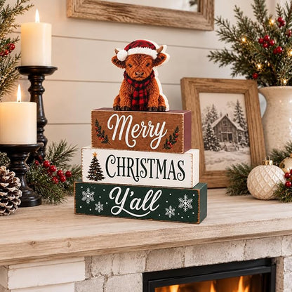Highland Cow Christmas Tiered Tray Decor, Merry Christmas Wooden Block Sign