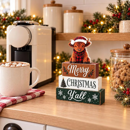 Highland Cow Christmas Tiered Tray Decor, Merry Christmas Wooden Block Sign