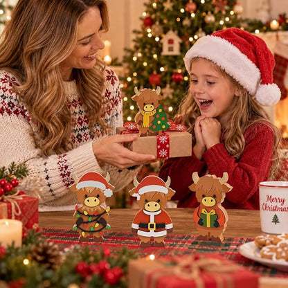 4 Pcs Christmas Highland Cow Figurines Decor, Christmas Cow Gifts