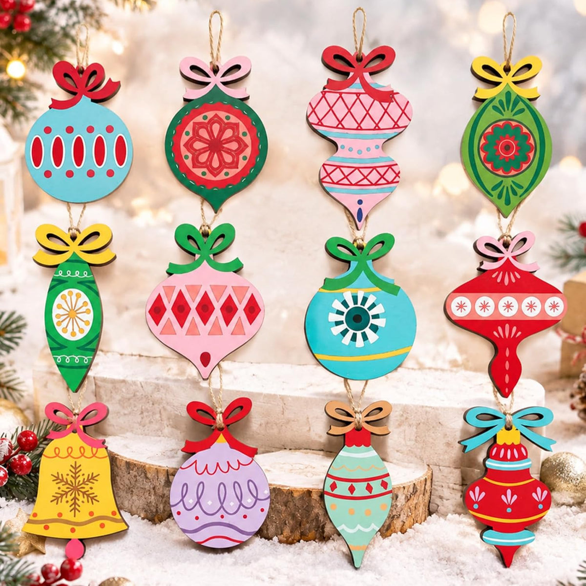 Amyhill 24 Pcs Vintage Wooden Christmas Tree Ornaments with Rope