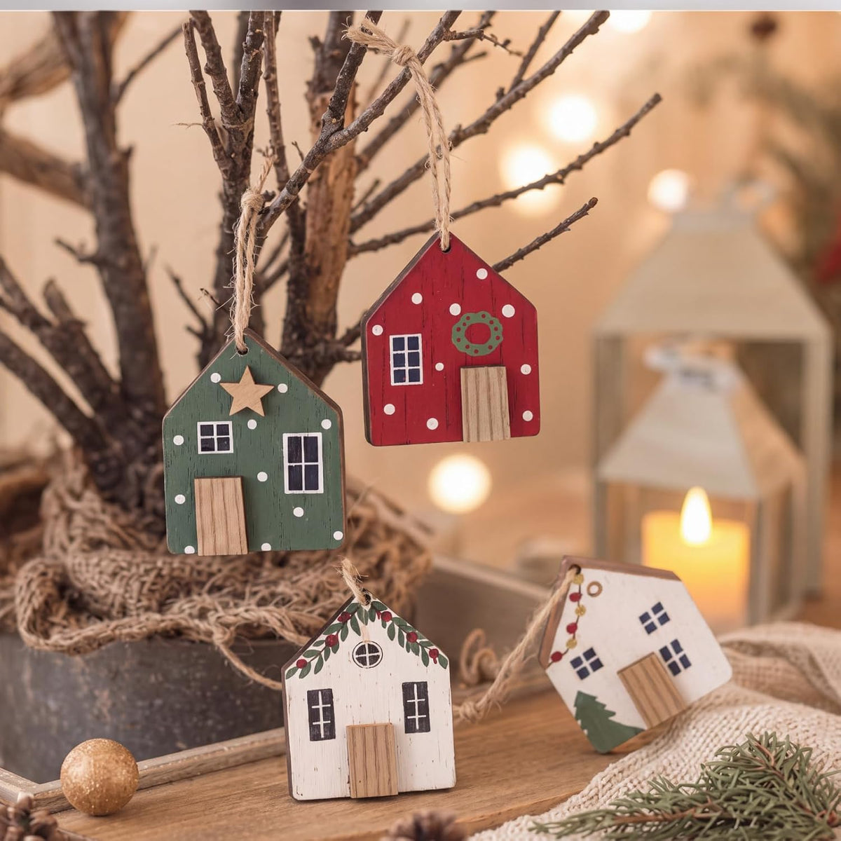 10 Pcs Christmas Wooden House Ornaments Rustic Farmhouse Wood Village Cabin