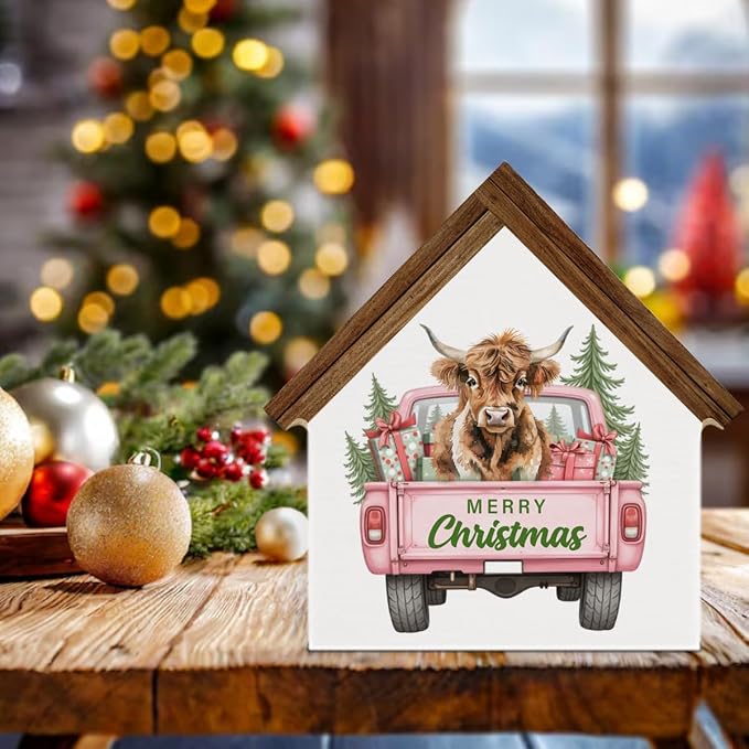 Pink Christmas Highland Cow Decor Merry Christmas Highland Cow House Shaped Wood