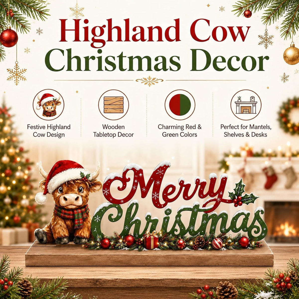 Highland Cow Christmas Decorations Indoor Wooden Table Sign