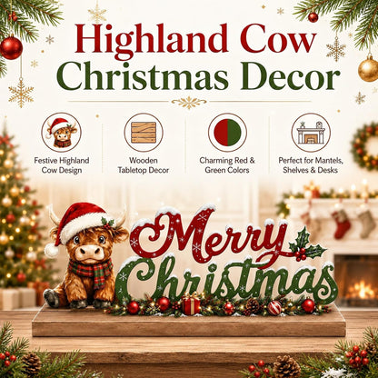 Highland Cow Christmas Decorations Indoor Wooden Table Sign