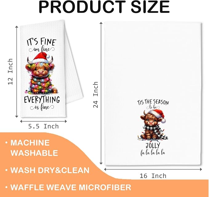 Funny Christmas Highland Cow Kitchen Towels, Highland Cow Christmas Decor