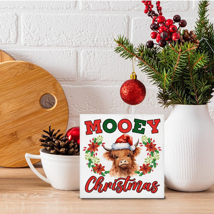 Christmas Highland Cow Decorations Mooey Christmas Wooden Box Sign for Winter