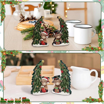Yuntau 2 Pcs Christmas Highland Cow Figurines Decor with Christmas Tree