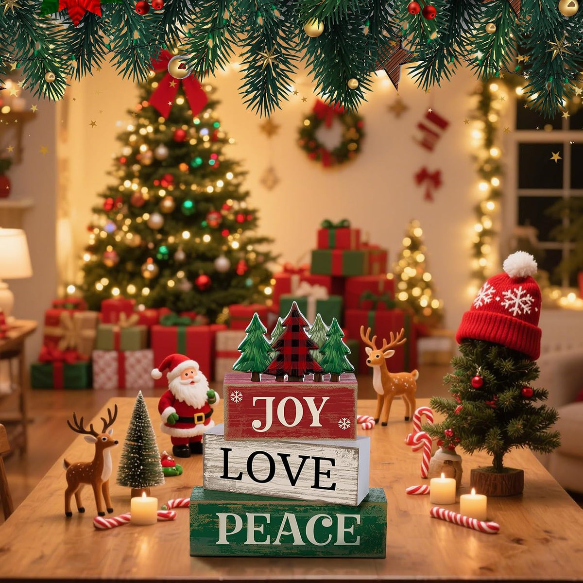 Lineshading 4 Pcs Christmas Table Decor Christmas Tree Block Signs Joy Love
