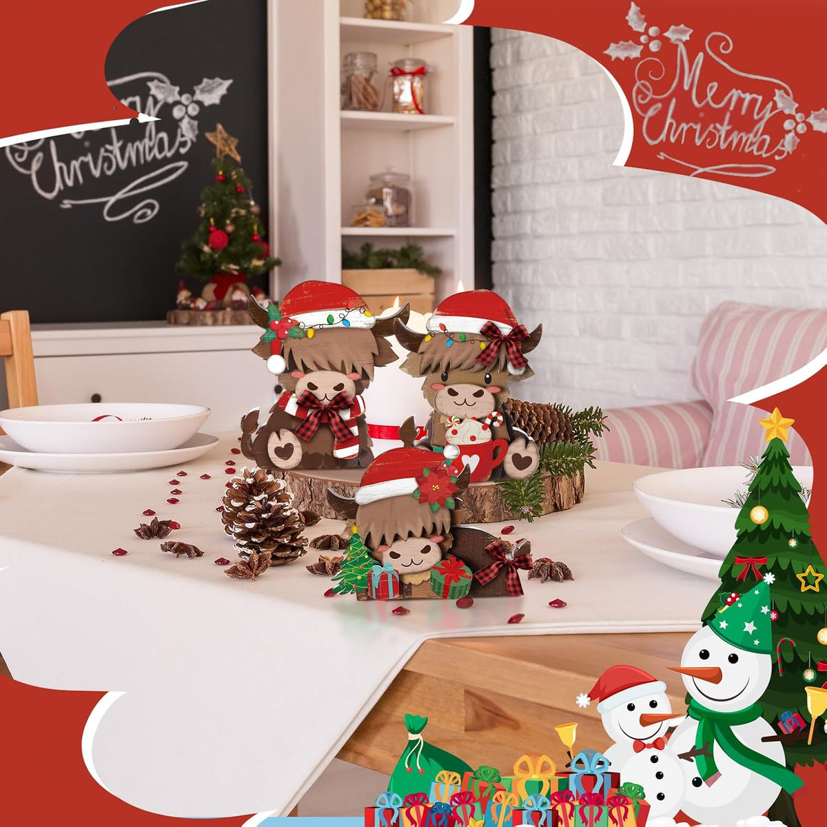 GlikCeil 3 Pcs Christmas Highland Cow Table Decorations Wood Centerpiece