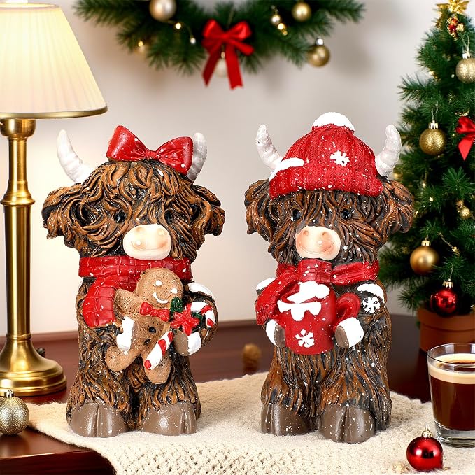 2 Pcs Christmas Highland Cow Figurines Decor, Christmas Cow Gifts