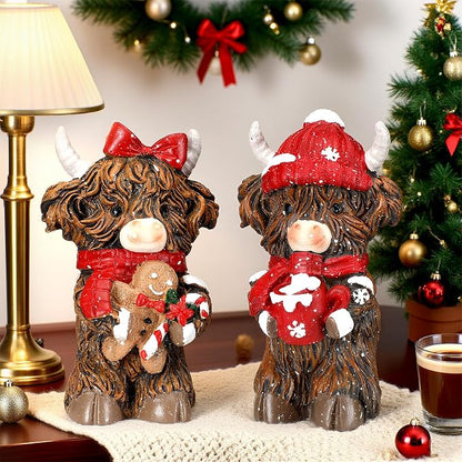 2 Pcs Christmas Highland Cow Figurines Decor, Christmas Cow Gifts