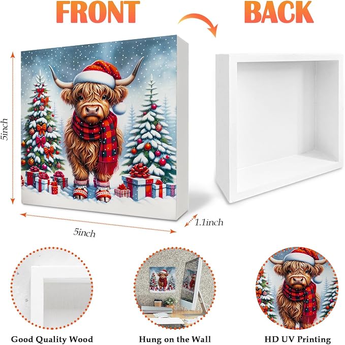 Christmas Highland Cow Wooden Sign - Western Highland Cow Wooden Box Sign, Christmas Highland Cow Sign Christmas Sign For Highland Cow Lover Gifts,5x5 Inch