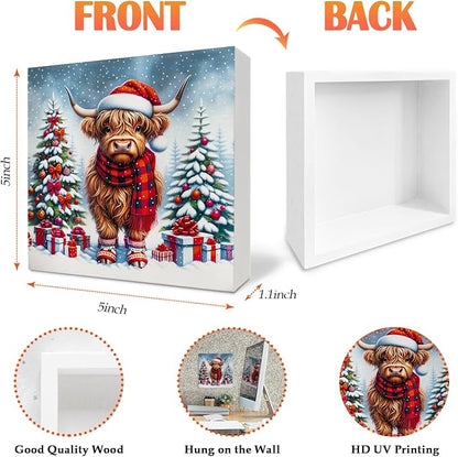 Christmas Highland Cow Wooden Sign - Western Highland Cow Wooden Box Sign, Christmas Highland Cow Sign Christmas Sign For Highland Cow Lover Gifts,5x5 Inch