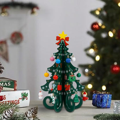 TEBIEKOY DIY Mini Wooden Christmas Tree with Ornaments Set, Cute 7 Inch Small